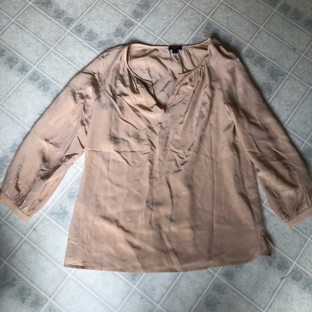 Ann Taylor Peach Silk Split Neck Blouse 3/4 sleeve